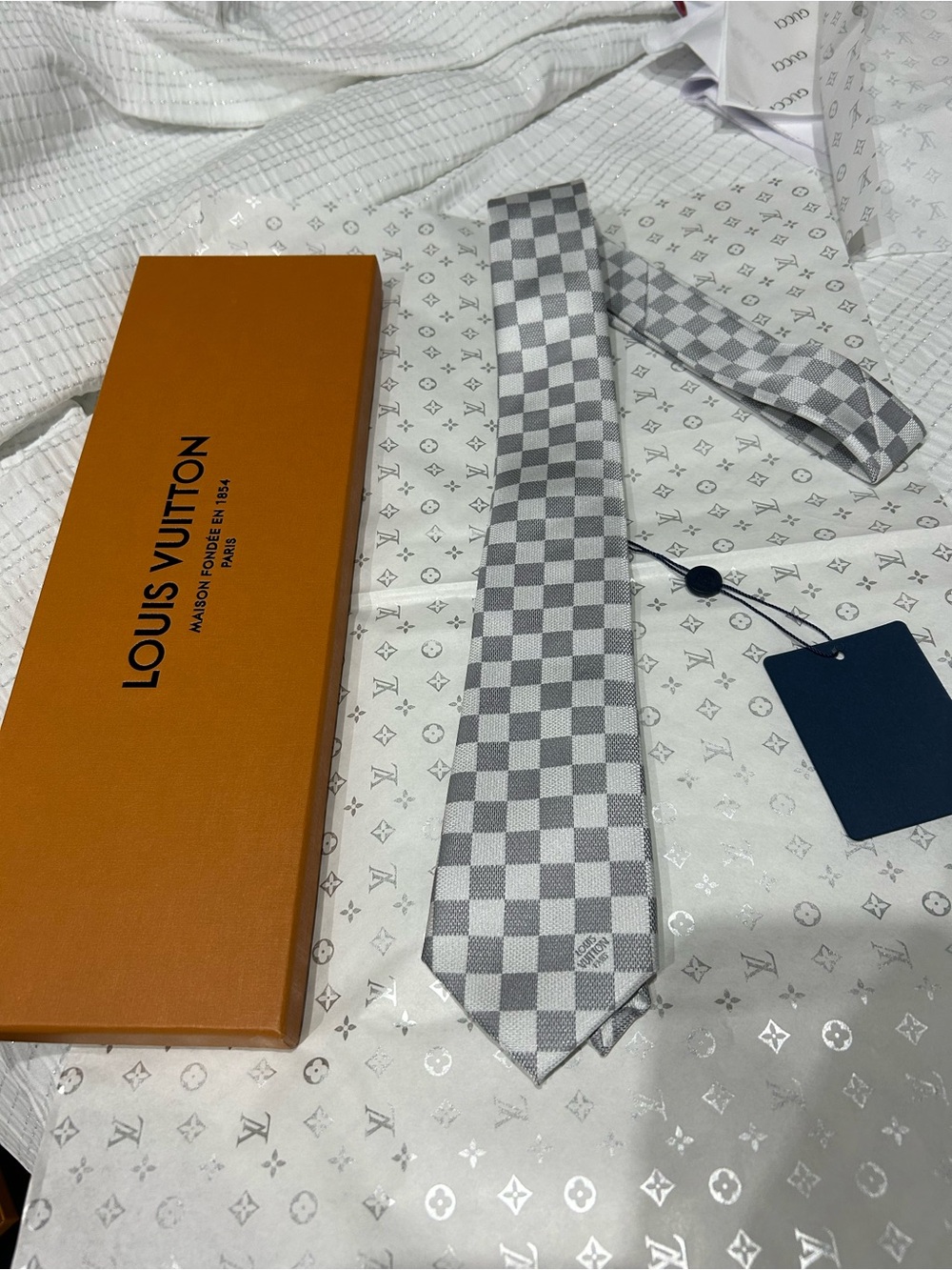 Louis Vuitton Light Gray and White Checker Silk Tie
